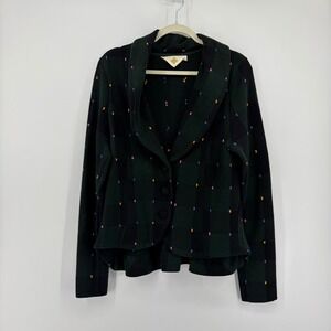 HWR Anthropologie Womens Large Green Plaid Cardigan Peplum Shawl Collar Sweater